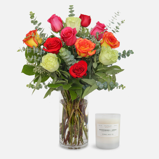 1-Dozen Multicolor Roses + Sydney Hale Candle Roses
