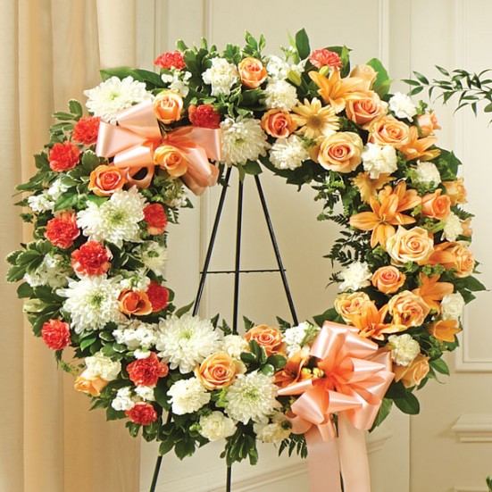Serene Blessing Standing Wreath-Peach/Orange/White Sympathy