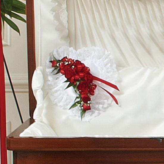 Red and White Satin Heart Casket Pillow Sympathy