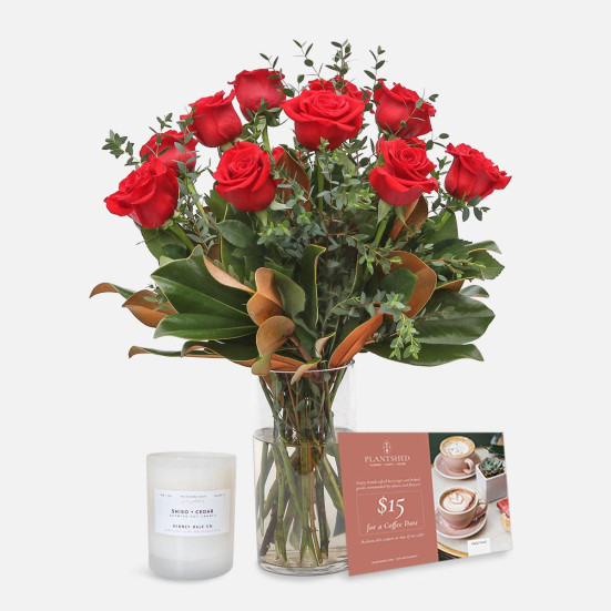 Red Roses + Coffee Date + Sydney Hale Candle Flowers for Mom