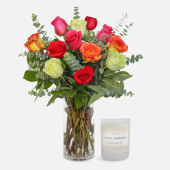 1-Dozen Multicolor Roses + Sydney Hale Candle New Baby