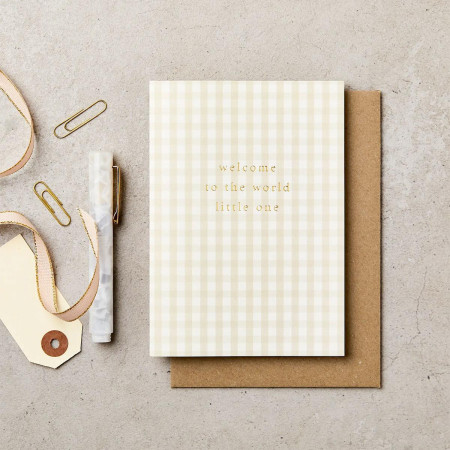 Gingham Welcome World New Baby Card