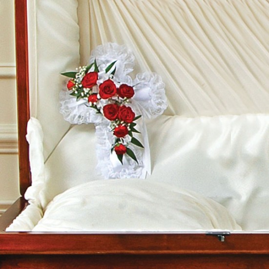 Red & White Satin Cross Casket Pillow Sympathy
