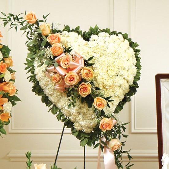 White Heart with Peach Rose Break Sympathy & Funeral